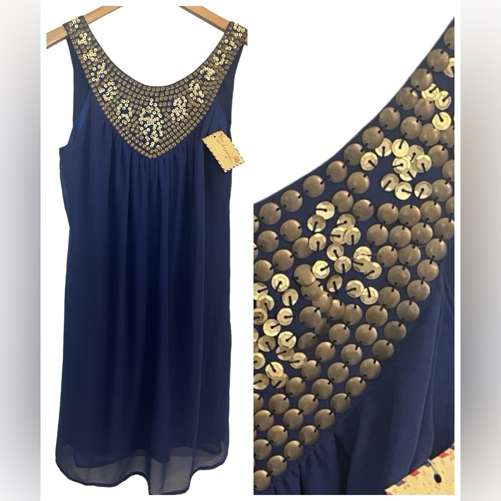 🔥🔥ONE DAY⬇️⬇️🔥🔥NWT THEME Navy Gold Sequin Neckline Mini Dress Sz S